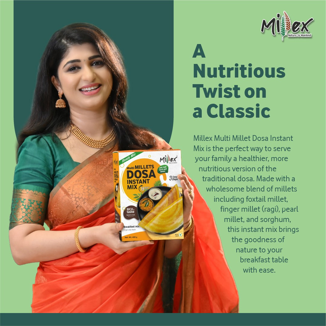 Aditi Prabhudeva displaying Multi Millet Dosa Mix for healthy cooking