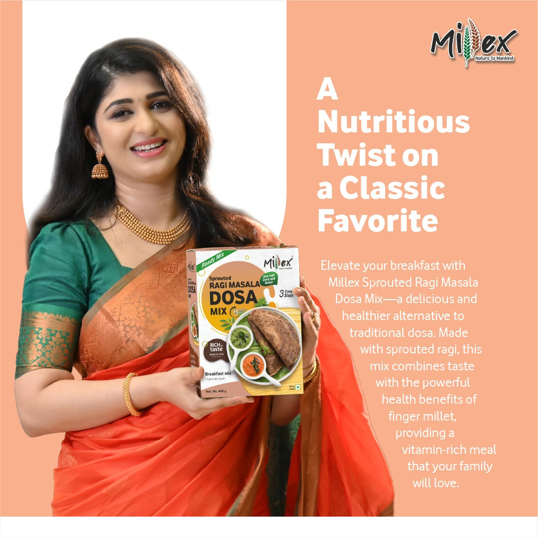 Aditi Prabhudeva displaying Sprouted nachni Masala Dosa Mix for healthy cooking