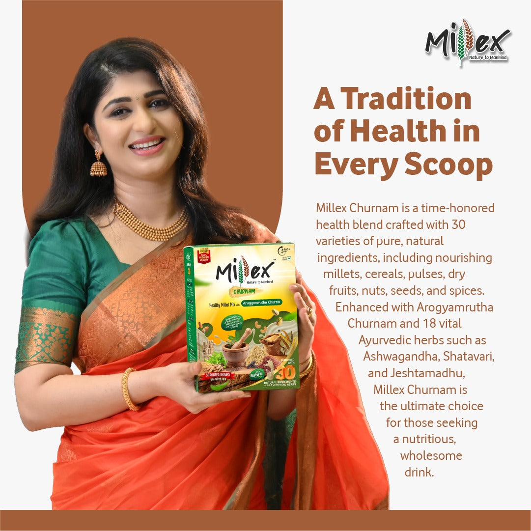 Aditi Prabhudeva showcasing Millex Millet Health drink Mix With Churnam for immunity