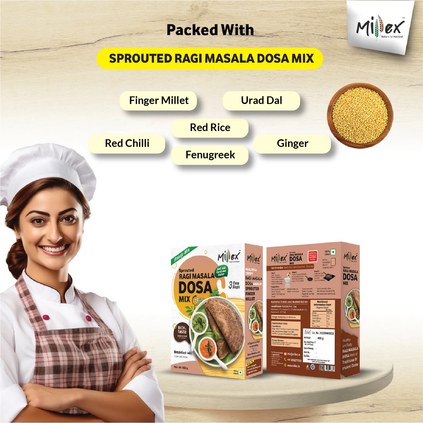 Sprouted Ragi Masala Dosa Mix - Pack of 3 (Total 1200g - each 400g)
