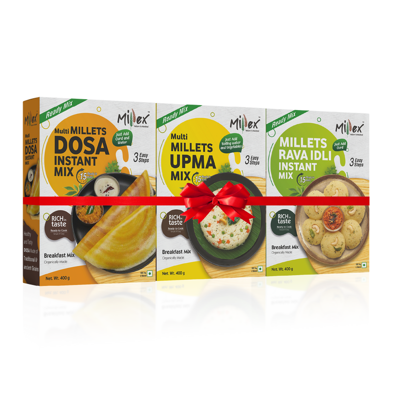 Three boxes of Millex instant mix packages with a red ribbon on a white background