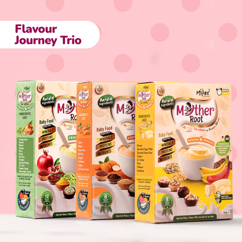 Flavour Journey Trio - Mother Root Fruits & Nuts + Carrot & Almond + Banana & Sprouts (Total 1200g - each 400g)