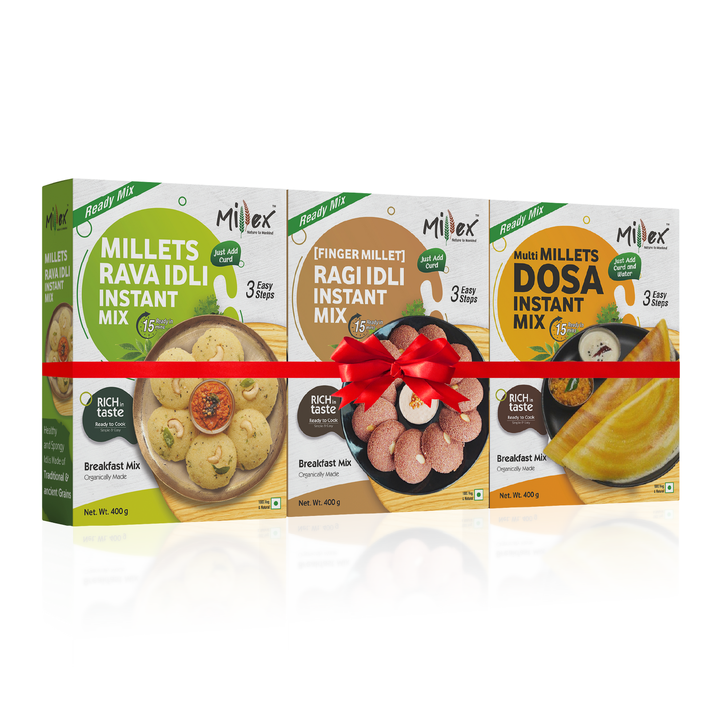Four Millex product boxes with images of food items and text on a white background