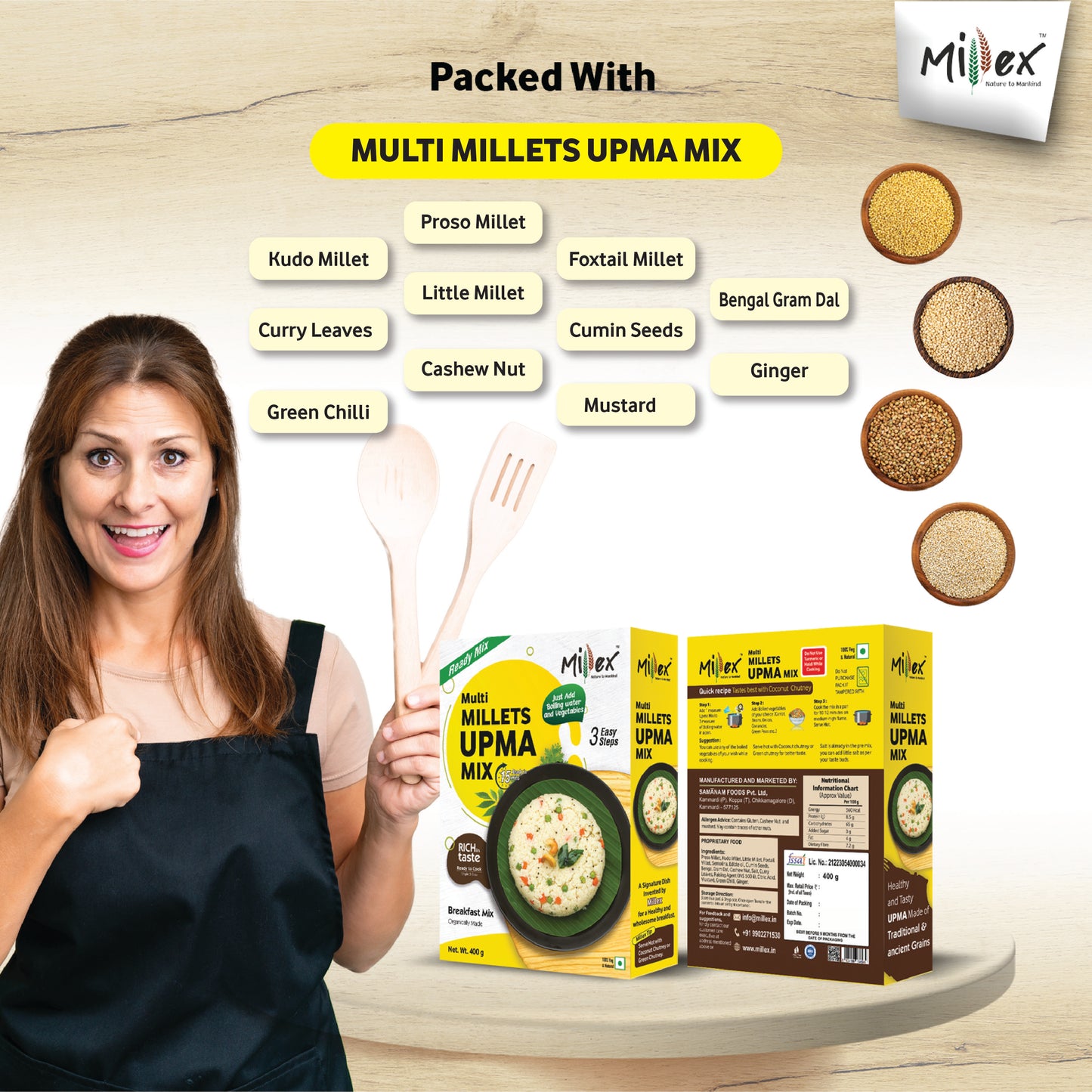Ingredients list and nutritional info on Multi Millet Upma Mix box