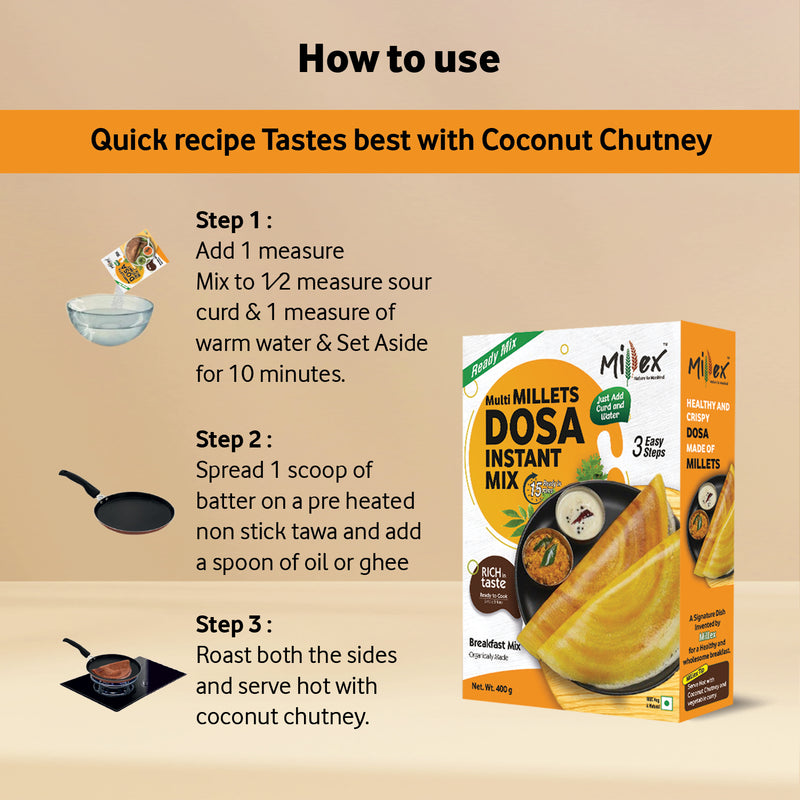 Instructions for making crispy Dosa using Multi Millet Dosa Mix