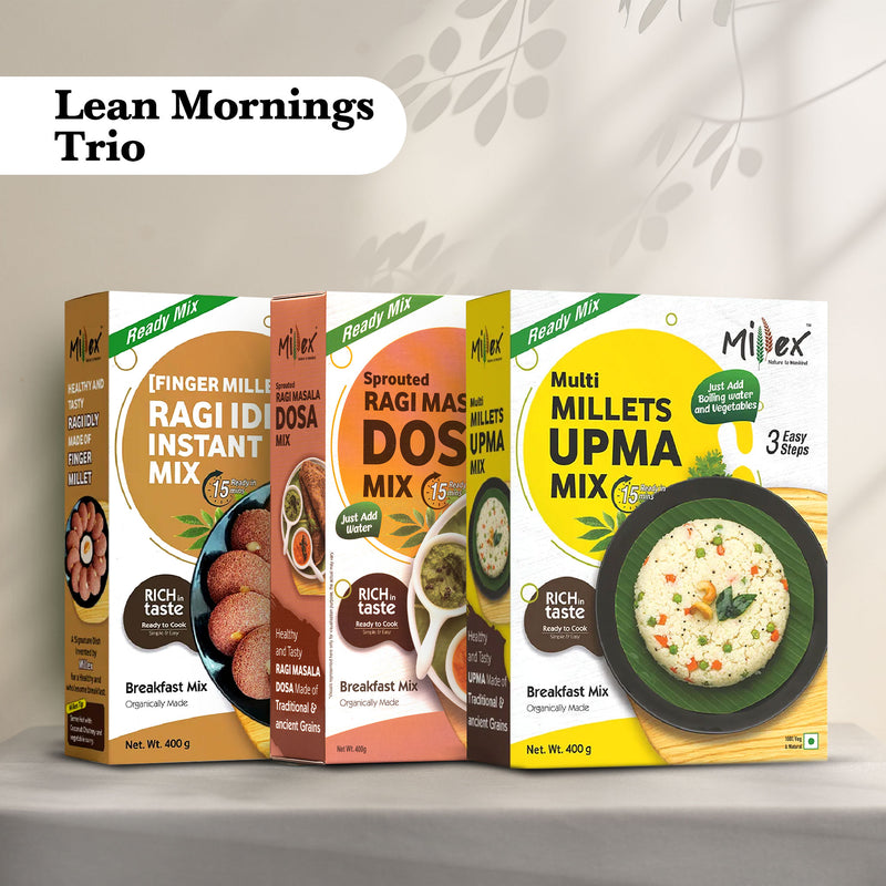 Lean Mornings Trio - Ragi Idli + Sprouted Ragi Masala Dosa + Multi Millet Upma (Total 1200g - each 400g)