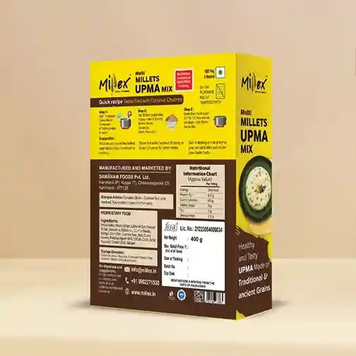 Ingredients list and nutritional info on Multi Millet Upma Mix box