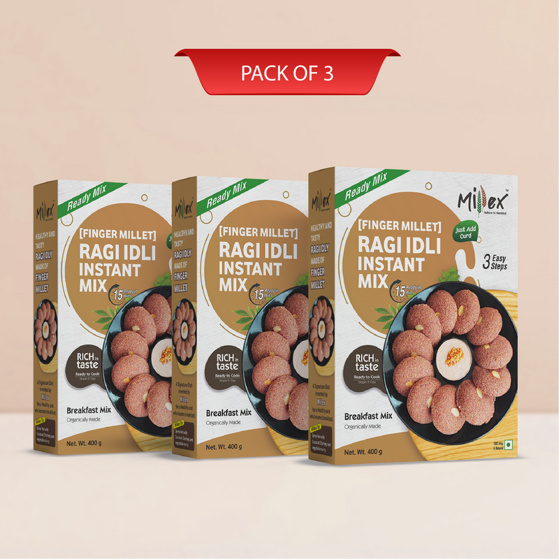 Three boxes of Millex Finger Millet Ragi Idli Instant Mix on a beige background