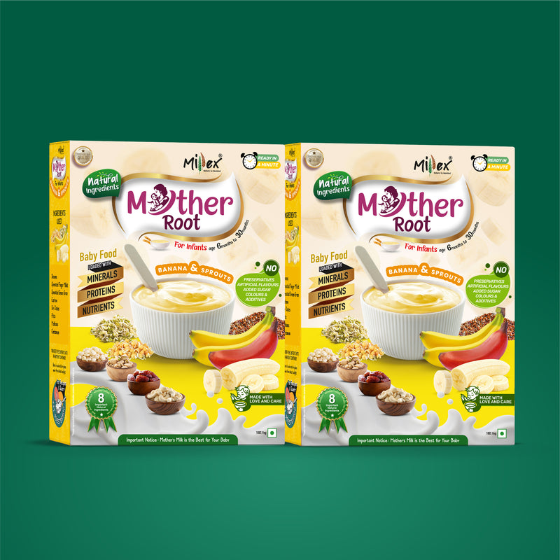 Two packages of Mother Root baby food on a green background