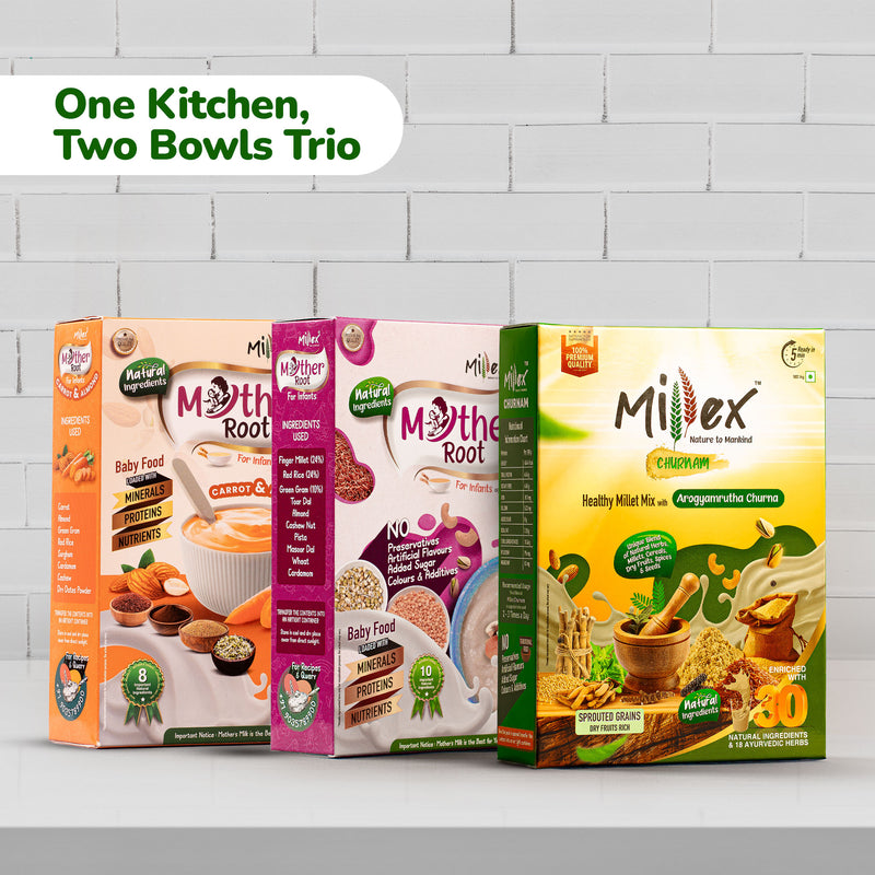 One Kitchen, Two Bowls Trio - Health Mix with Churnam (800g) + Mother Root Original (400g) + Carrot & Almond (400g)