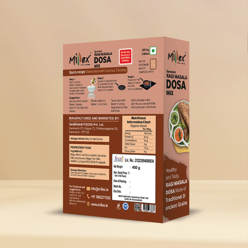 Nutritional information on the back of Ragi Masala Dosa Mix box