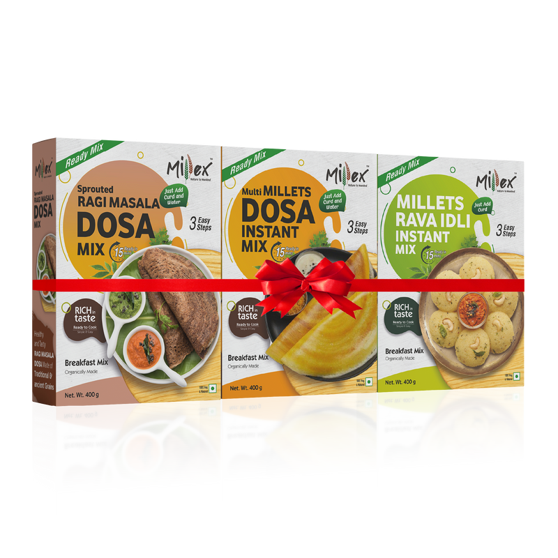 TASTY BREAKFAST - Multi Millets Dosa Instant Mix | Sprouted Ragi Masala Dosa Mix |Millet Rava Idli Instant Mix (Total 1200g - each 400g)