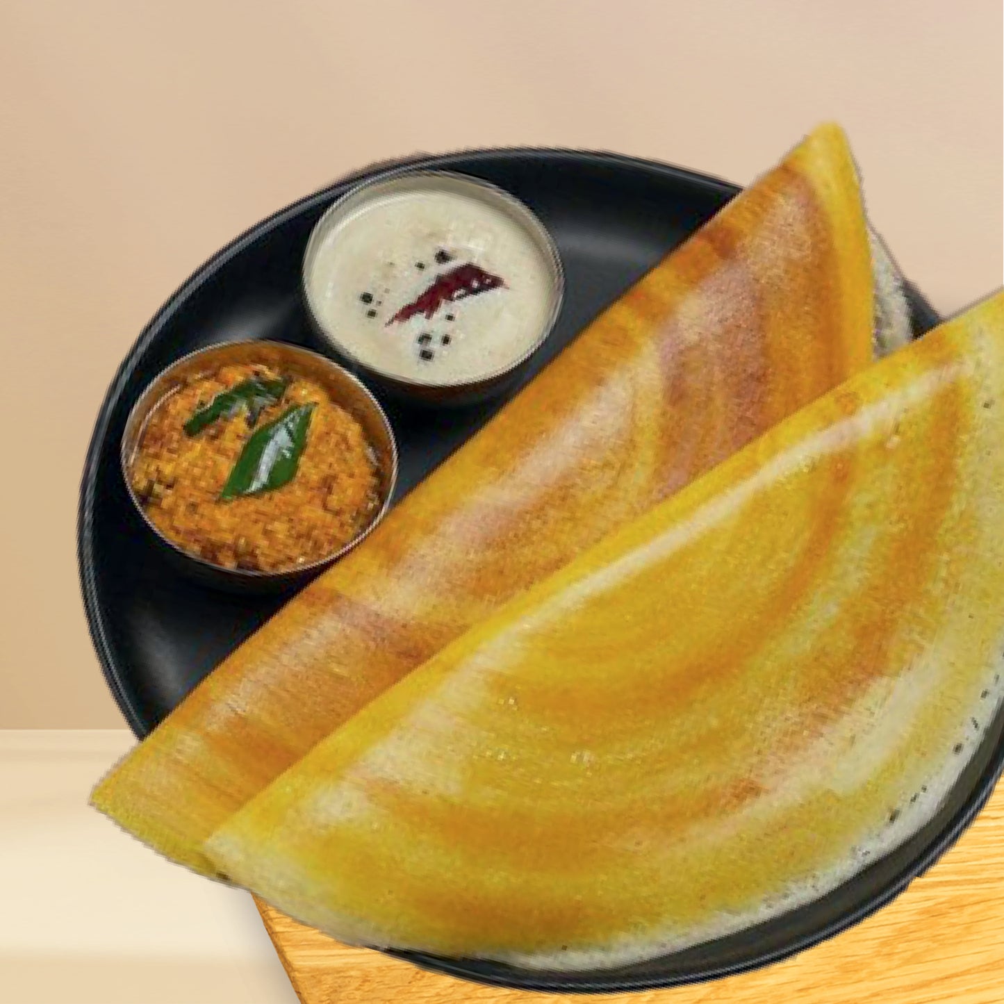 Two millet dosas with two chutneys served on a black plate