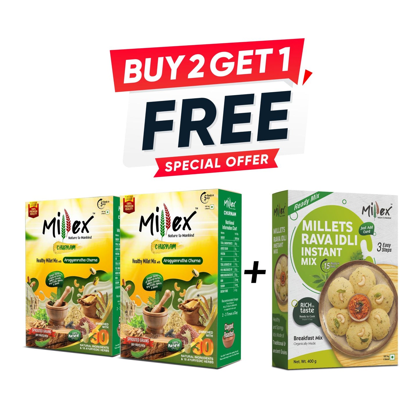 Buy 2 Millex churnam (800g Each) Get 1 Free Millet Rava Idli Mix (400g) - Special OFFER