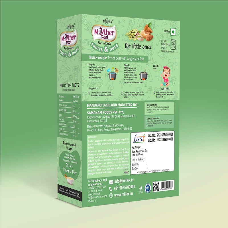Box of Mother India Fruits & Nuts for Infants on a green background