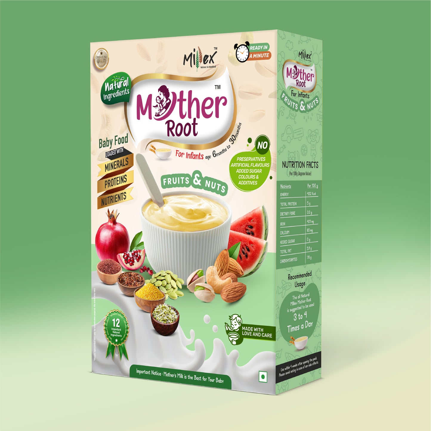 Milex Mother Root baby food packaging on a green background