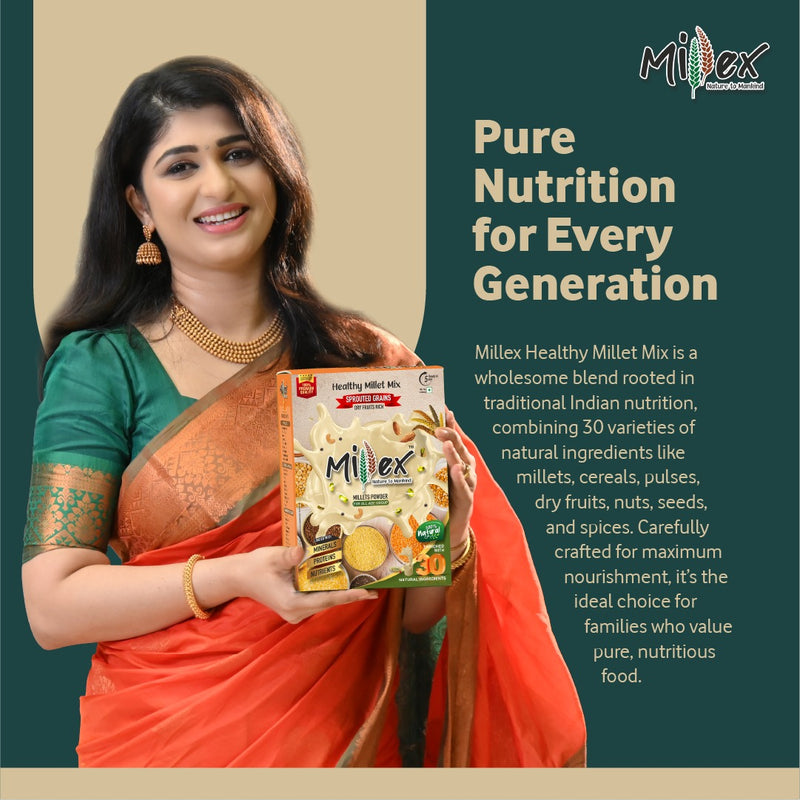 Aditi Prabhudeva showcasing Millex Millet Health Mix Without Churnam for immunity