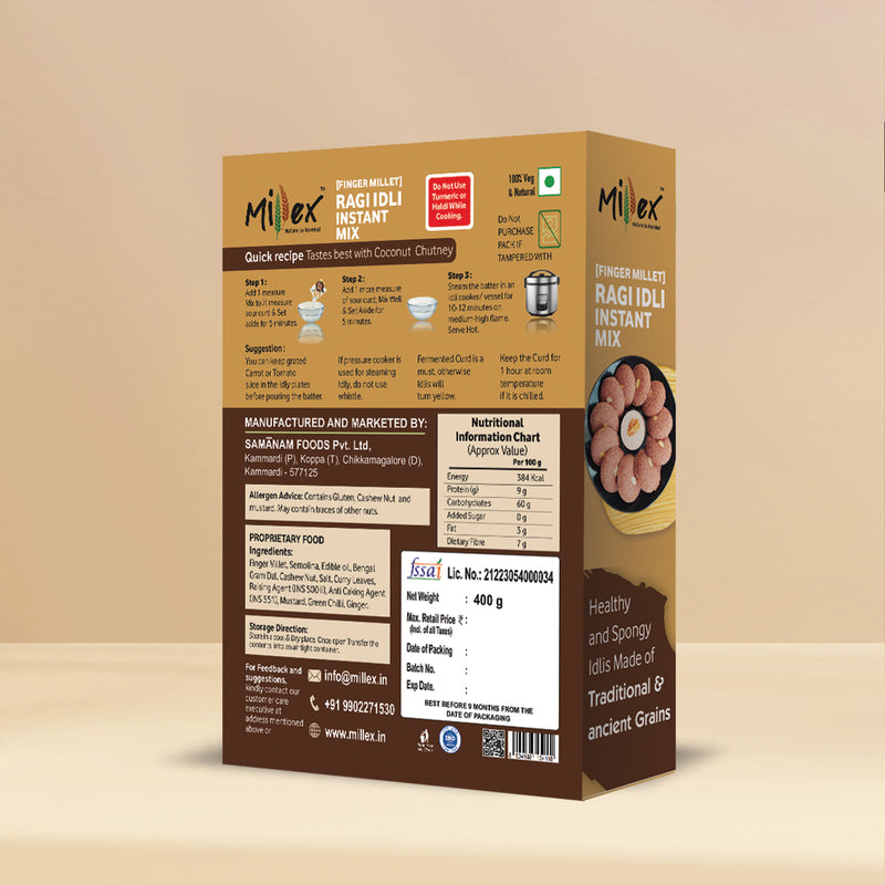 Back of Ragi Idli Mix box with nutritional values and ingredients