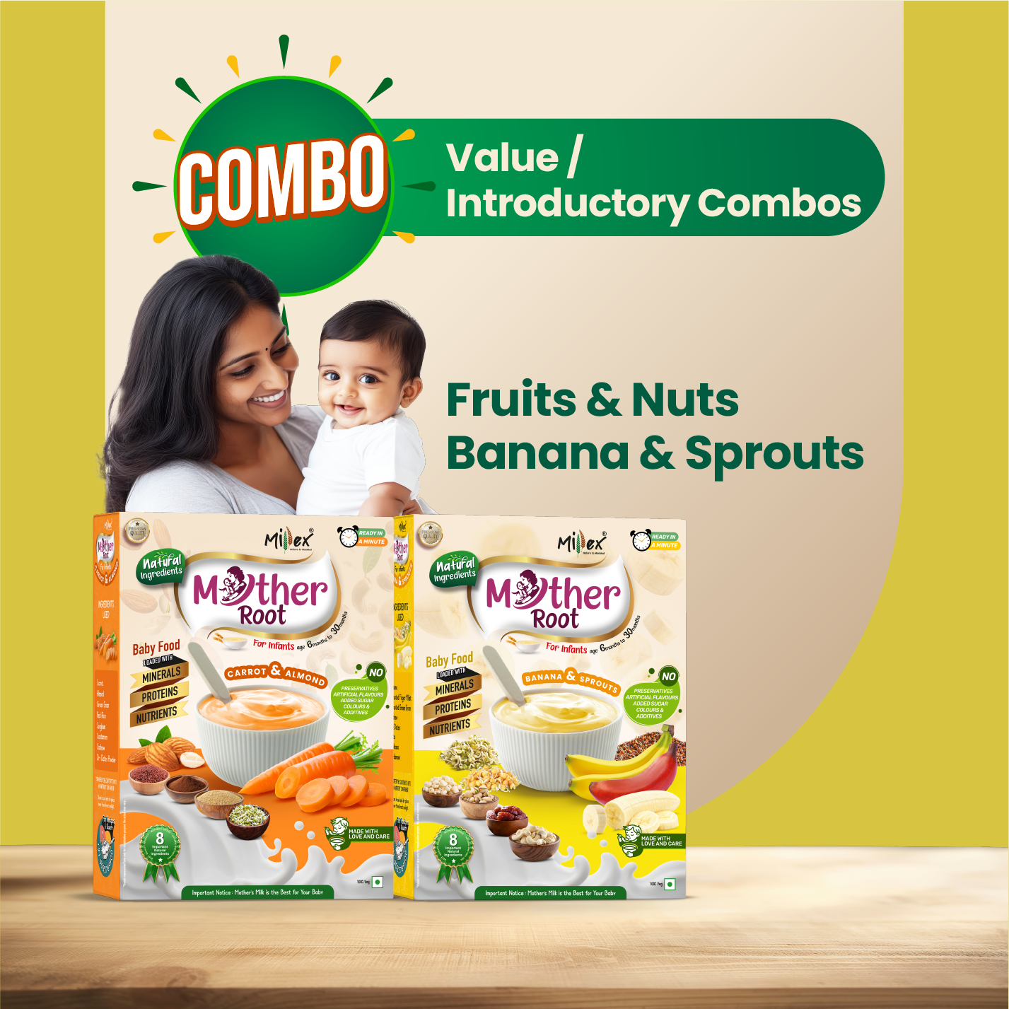 Two boxes of Mother Root baby food on a wooden surface with a woman and child in the background.