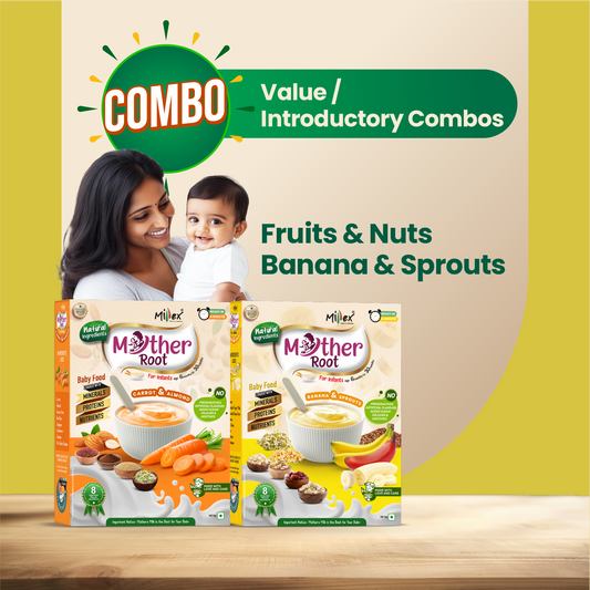 Two boxes of Mother Root baby food on a wooden surface with a woman and child in the background.