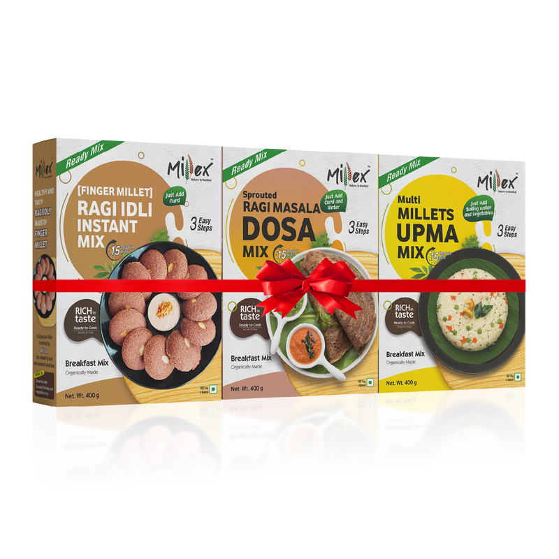 Three Millex ready mix packages with a red ribbon on a white background