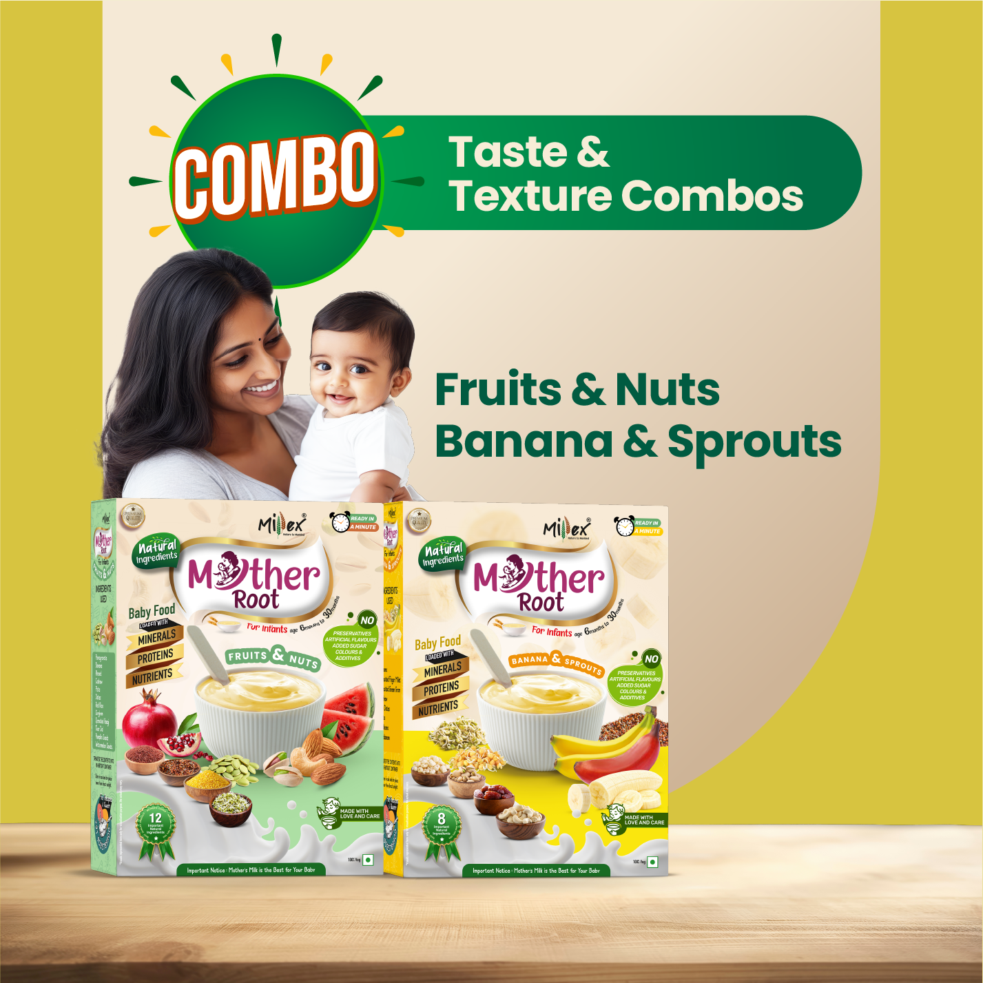 Milex Mother Root baby food boxes with a woman and child on a beige background