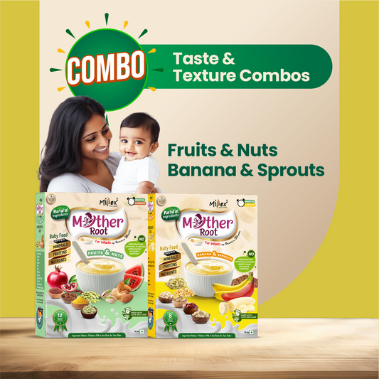 Milex Mother Root baby food boxes with a woman and child on a beige background