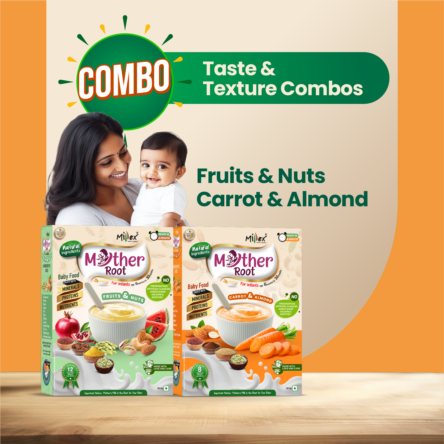 Milex Mother Root baby food packages with a woman and child on an orange and beige background