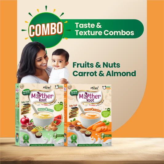 Milex Mother Root baby food packages with a woman and child on an orange and beige background