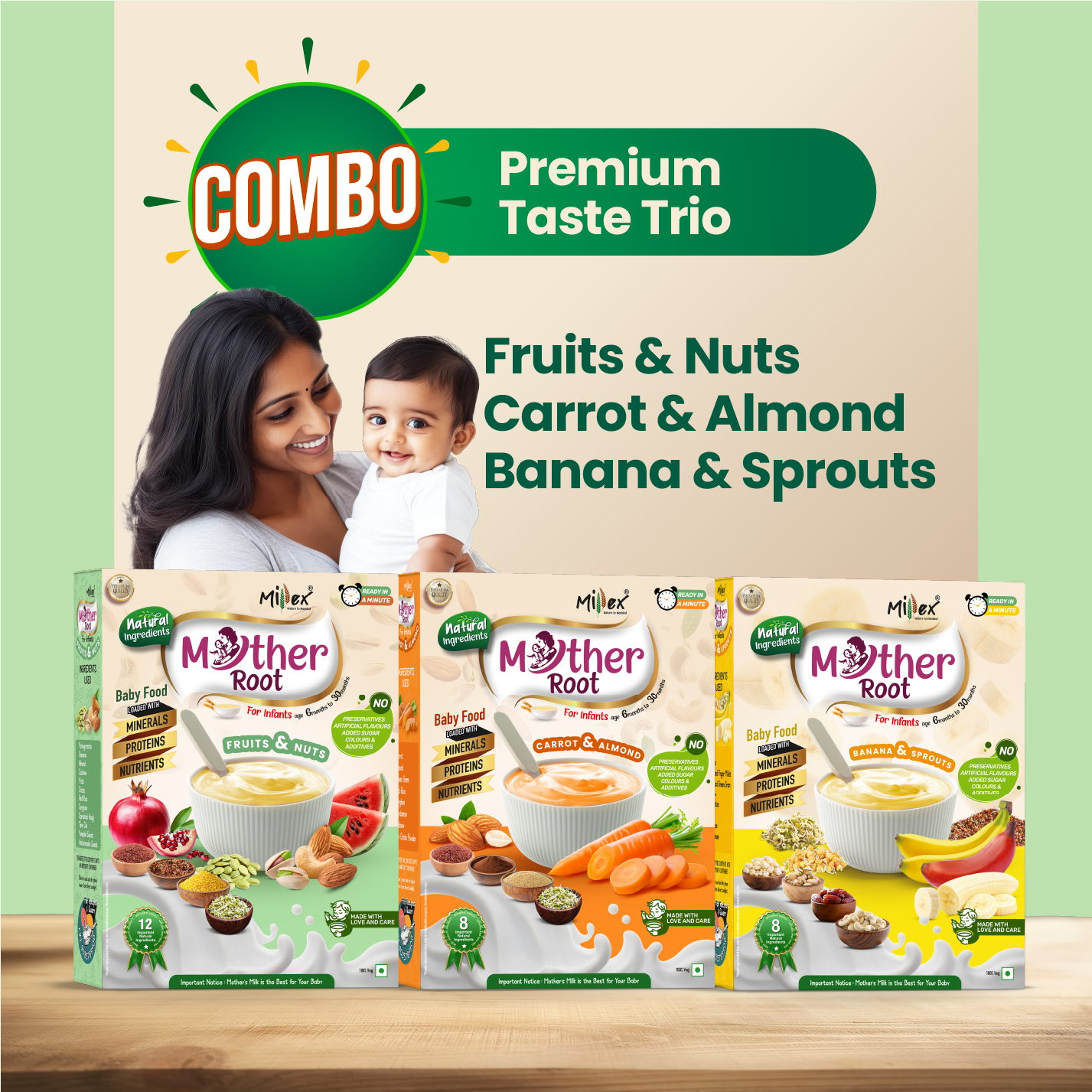 Three boxes of Mother Root baby food with a woman and child on a beige background