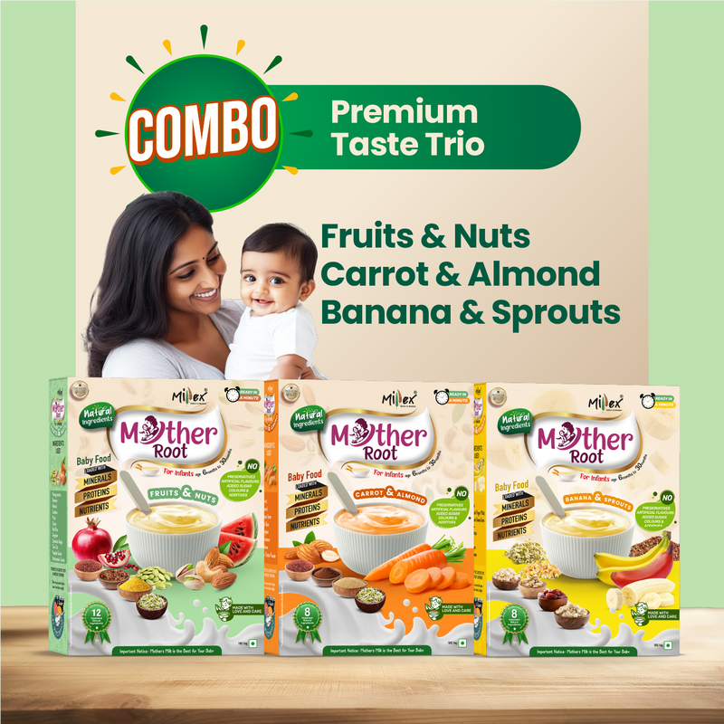 Three boxes of Mother Root baby food with a woman and child on a beige background