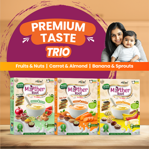 Premium Taste Trio | Mother Root Fruits & Nuts | Carrot & Almond | Banana & Sprouts (Total 1200g - each 400g)