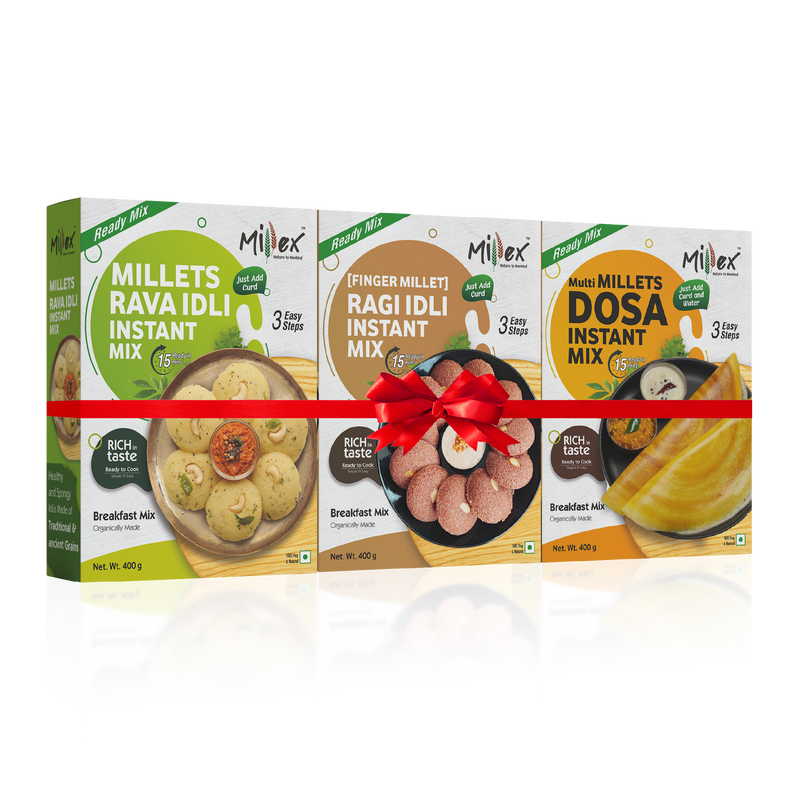 Four Millex product boxes with images of food items and text on a white background