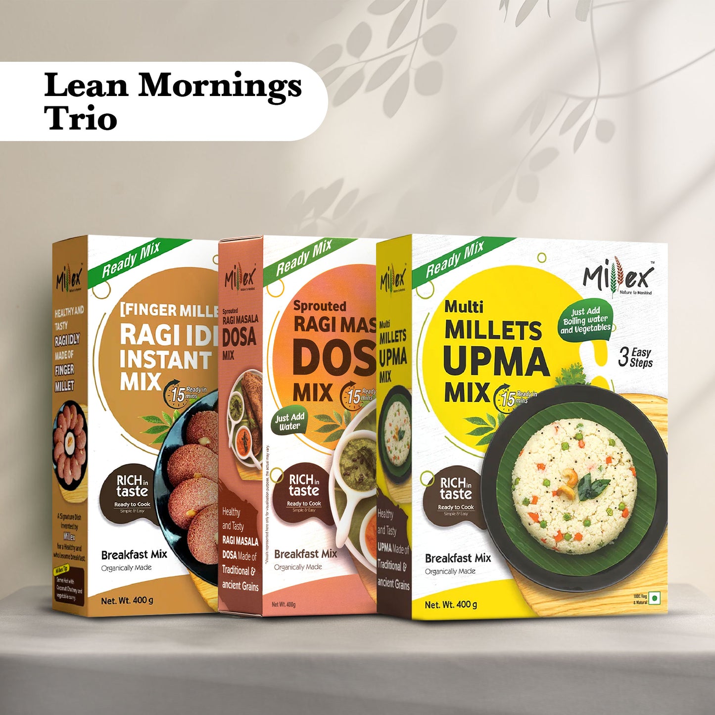 Lean Mornings Trio - Ragi Idli + Sprouted Ragi Masala Dosa + Multi Millet Upma (Total 1200g - each 400g)