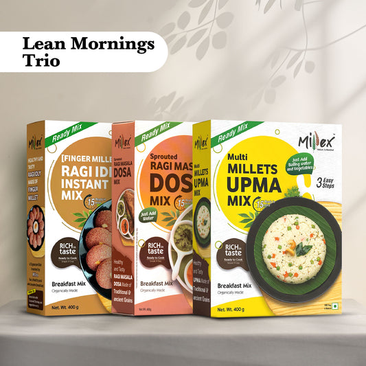 Lean Mornings Trio - Ragi Idli + Sprouted Ragi Masala Dosa + Multi Millet Upma (Total 1200g - each 400g)