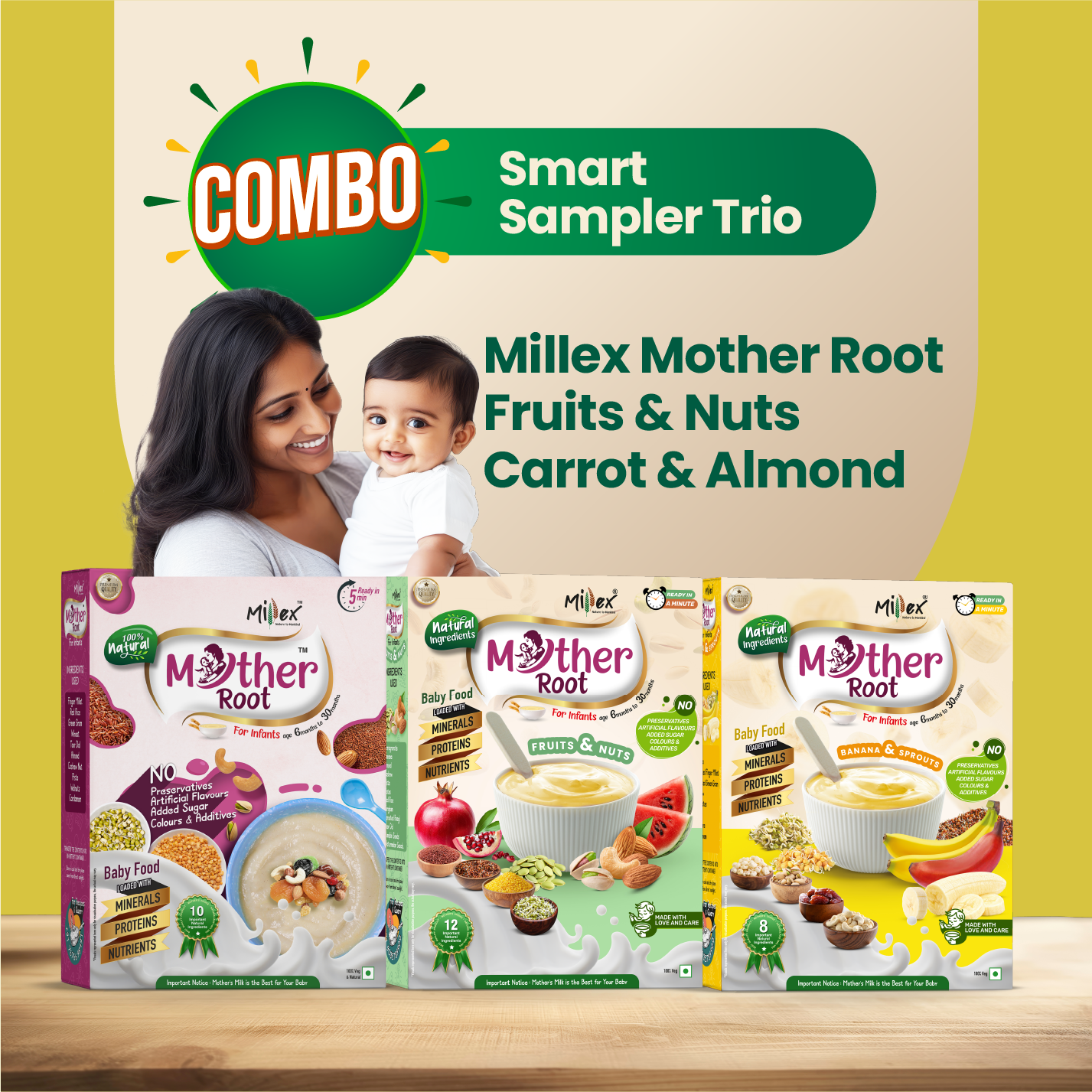 Millex Mother Root baby food combo sampler trio with a woman and child on a beige background