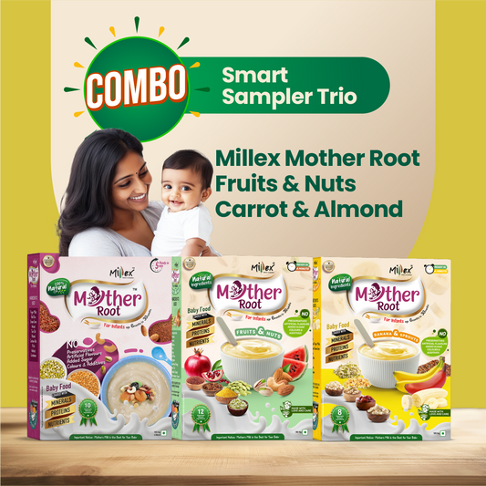 Millex Mother Root baby food combo sampler trio with a woman and child on a beige background