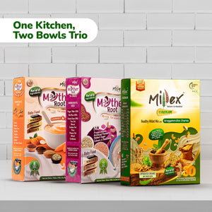 One Kitchen, Two Bowls Trio - Health Mix with Churnam (800g) + Mother Root Original (400g) + Carrot & Almond (400g)