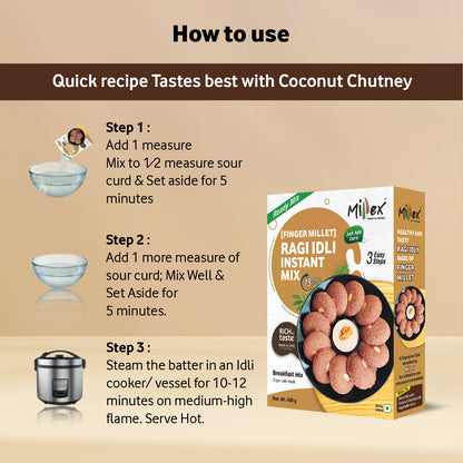 Cooking instructions for Millex Ragi Idli Instant Mix, showing mixing and steaming process