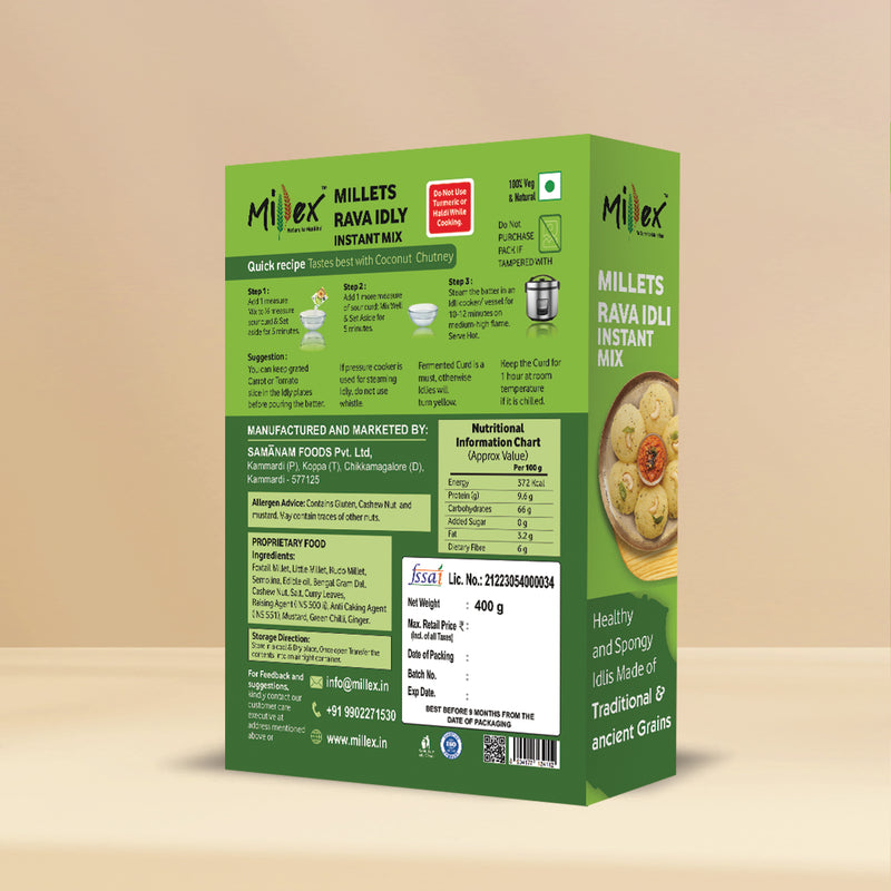 Back side of Millet Rava Idli Mix box showing ingredients and nutritional information