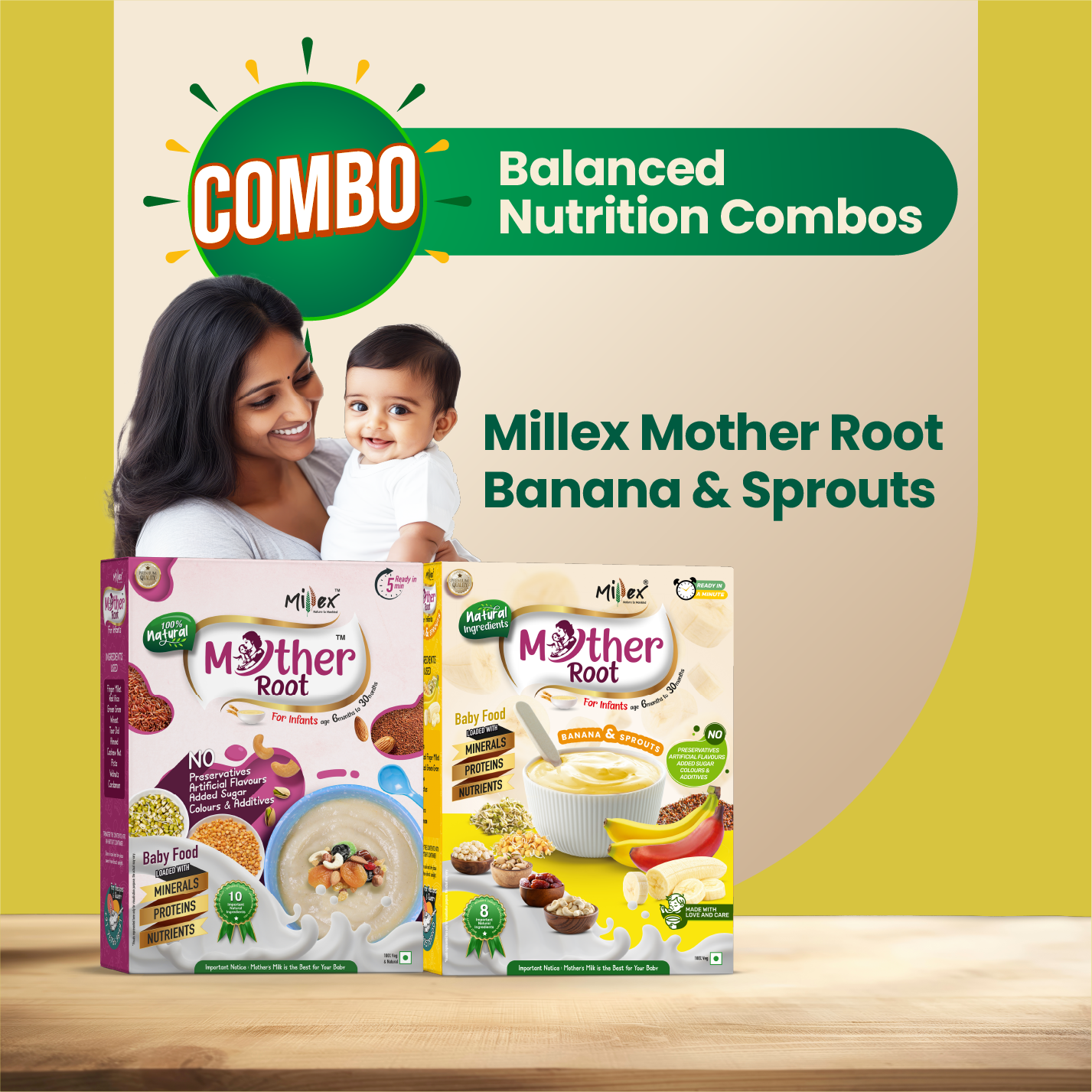 Millex Mother Root baby food packages with a woman and child on a wooden surface and beige background.