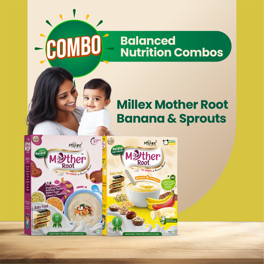 Millex Mother Root baby food packages with a woman and child on a wooden surface and beige background.