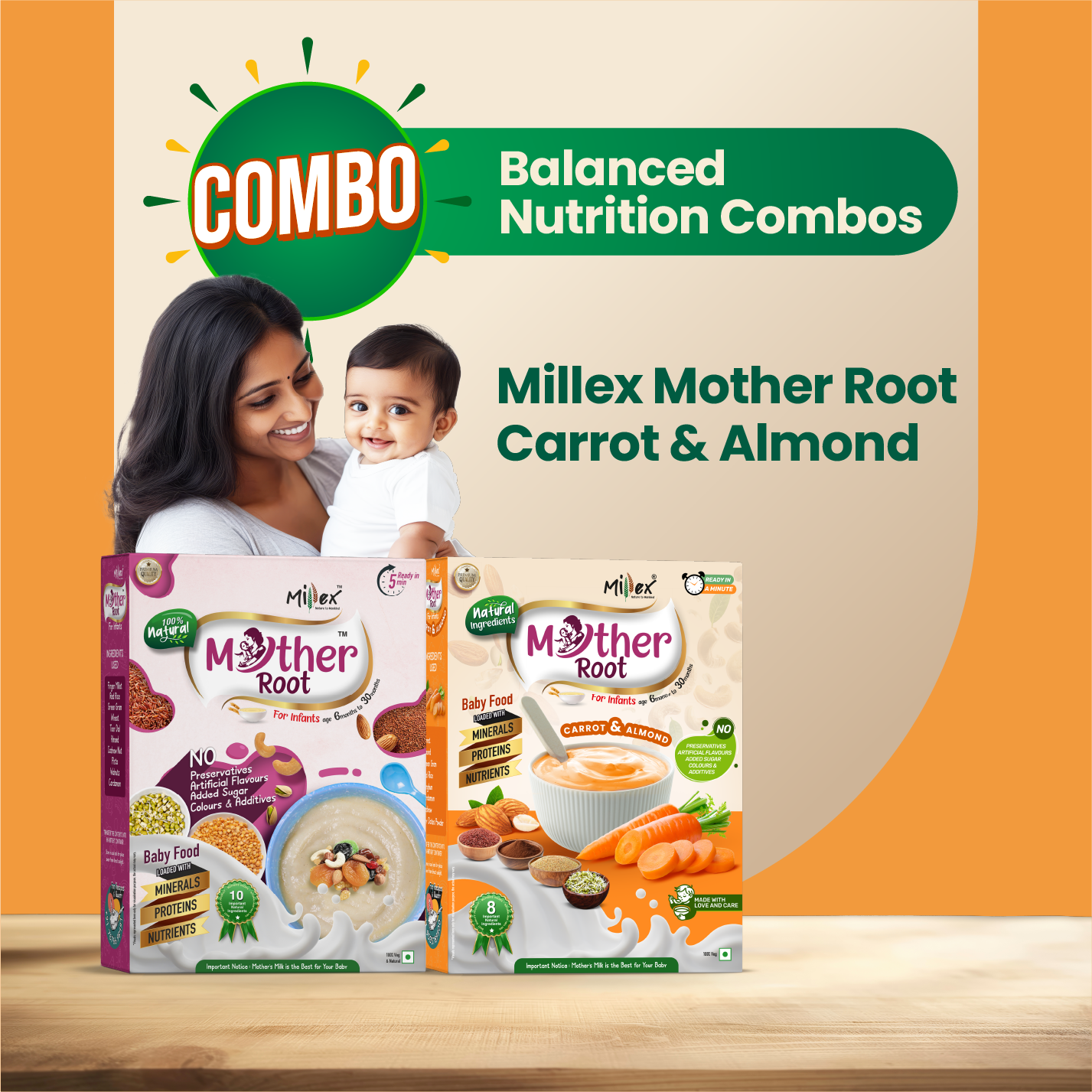 Millex Mother Root baby food combo packaging with a woman and child on an orange and beige background.