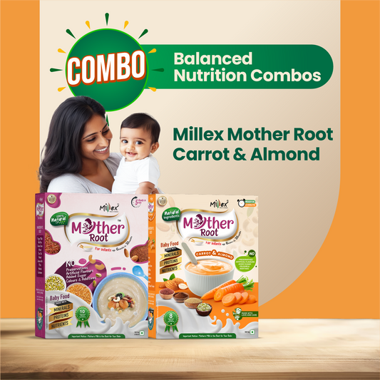 Millex Mother Root baby food combo packaging with a woman and child on an orange and beige background.