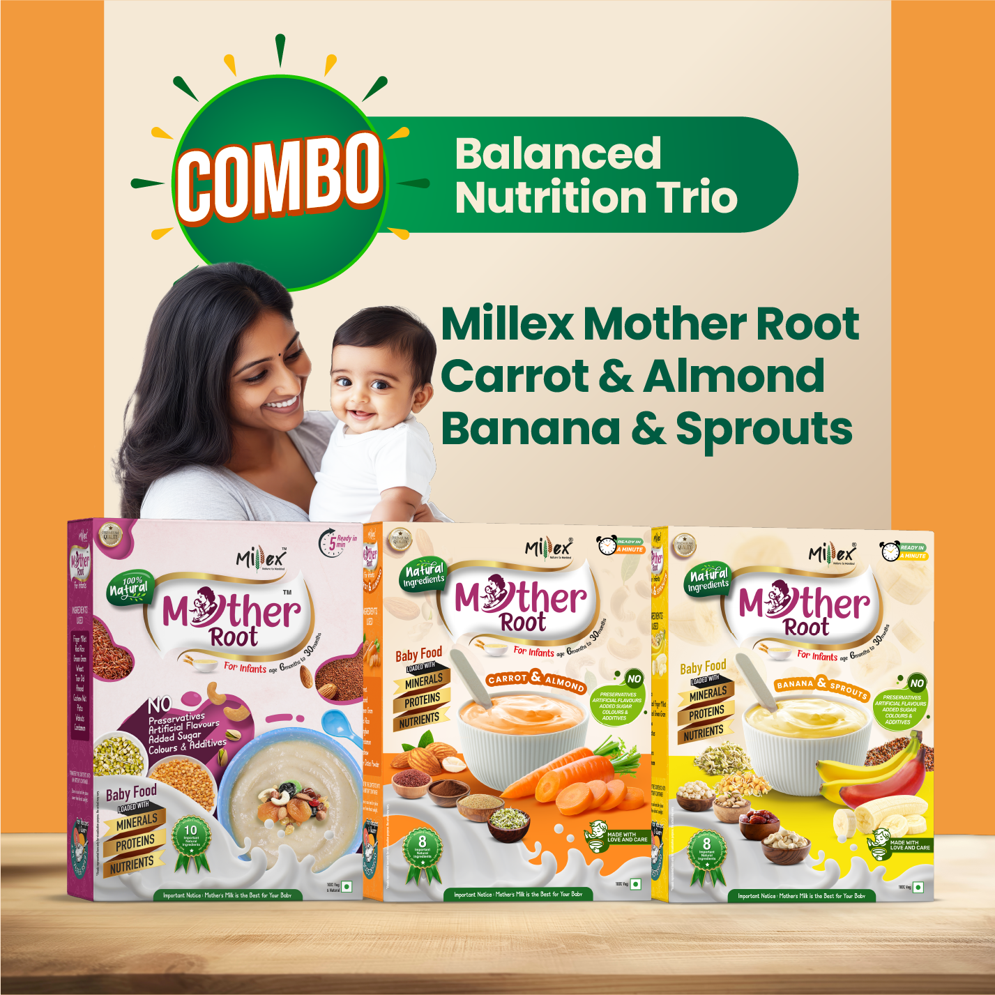 Three boxes of Millex Mother Root baby food with a woman and child on an orange background