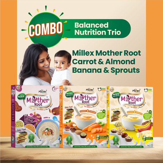 Three boxes of Millex Mother Root baby food with a woman and child on an orange background