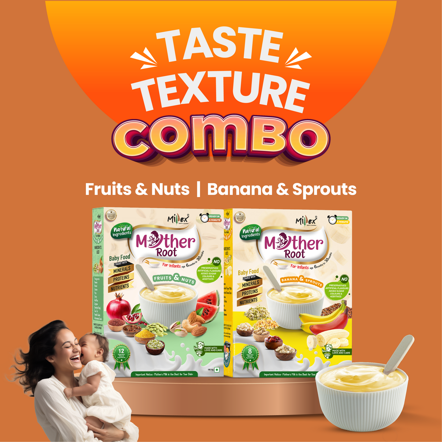 Taste & Texture Combos | Mother Root Fruits & Nuts  | Banana & Sprouts (Total 800g - each 400g)