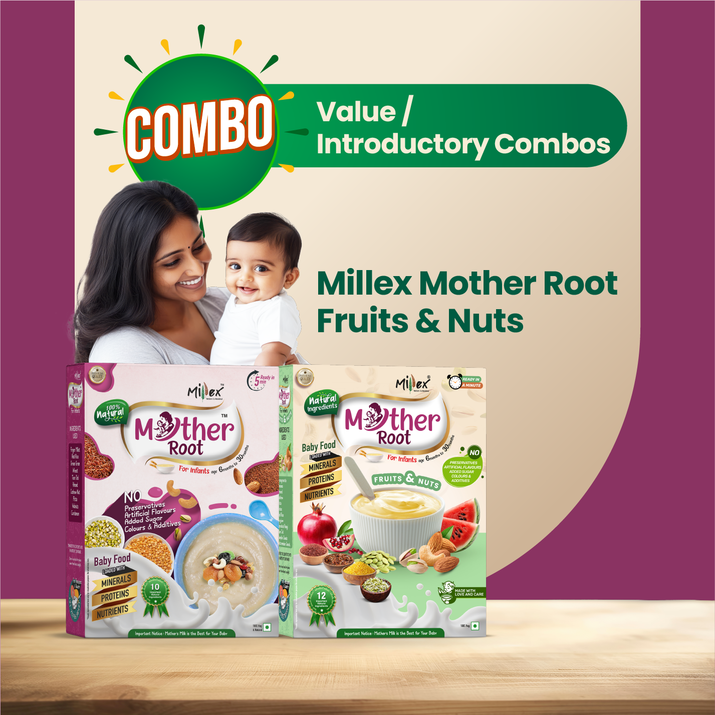 Millex Mother Root Fruits & Nuts baby food boxes with a woman and child on a beige and purple background.