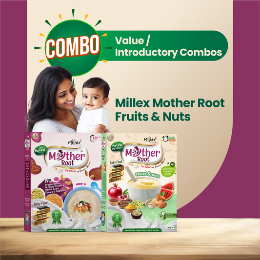 Millex Mother Root Fruits & Nuts baby food boxes with a woman and child on a beige and purple background.