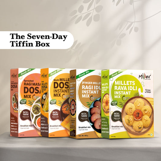 The Seven-Day Tiffin Box - Ragi Idli + Sprouted Ragi Masala Dosa + Multi Millet Dosa + Rava Idli (Total 1600g - each 400g)